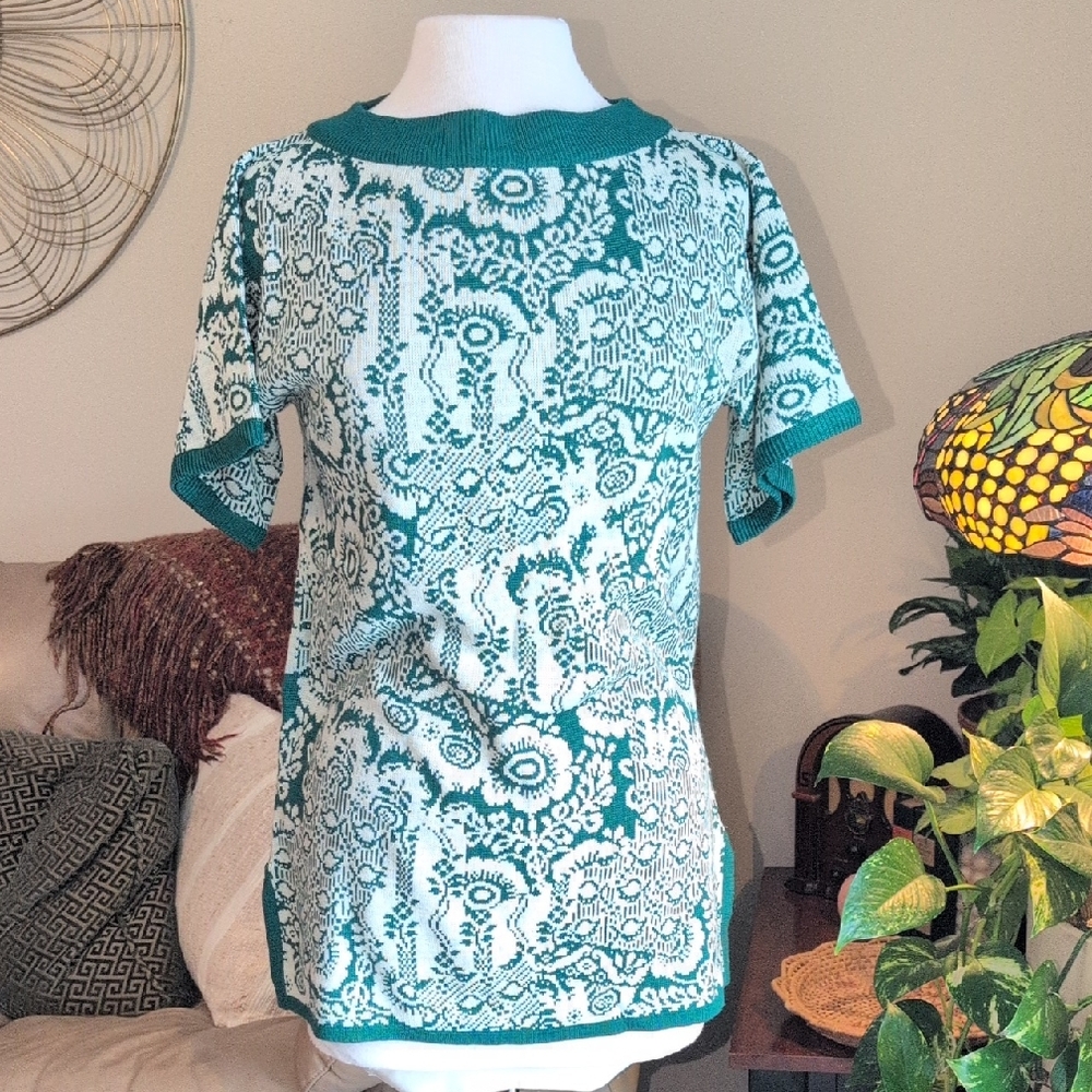 VintageTeal Floral Knit Short-Sleeve Top